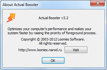 Screenshot of the About Actual Booster dialog window
